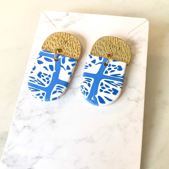 Handmade/Handcrafted Polymer Clay Earrings Blue white and gold - Picture 2 of 3